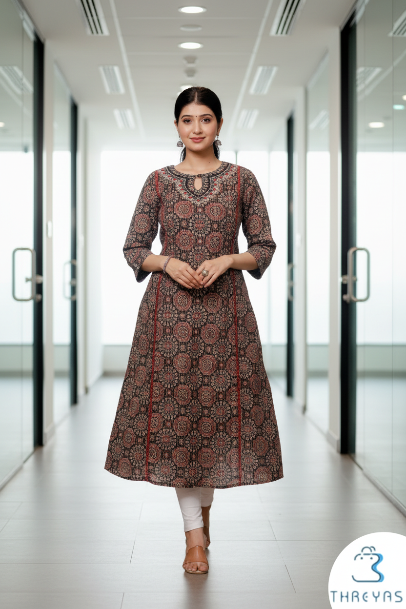 Maroon Ajarakh A-Line kurti