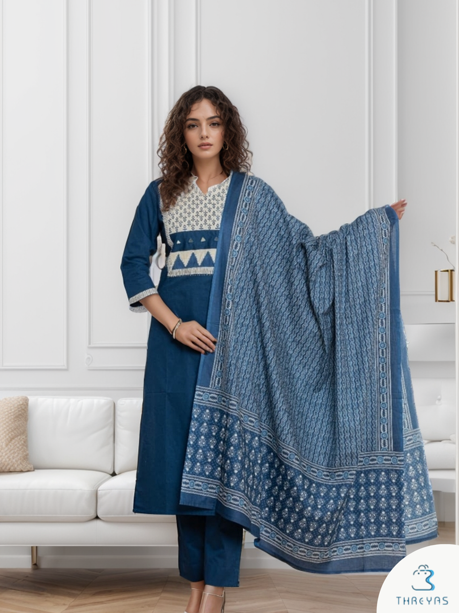Dark Blue Cotton Kurtis Set for Women with Dupatta