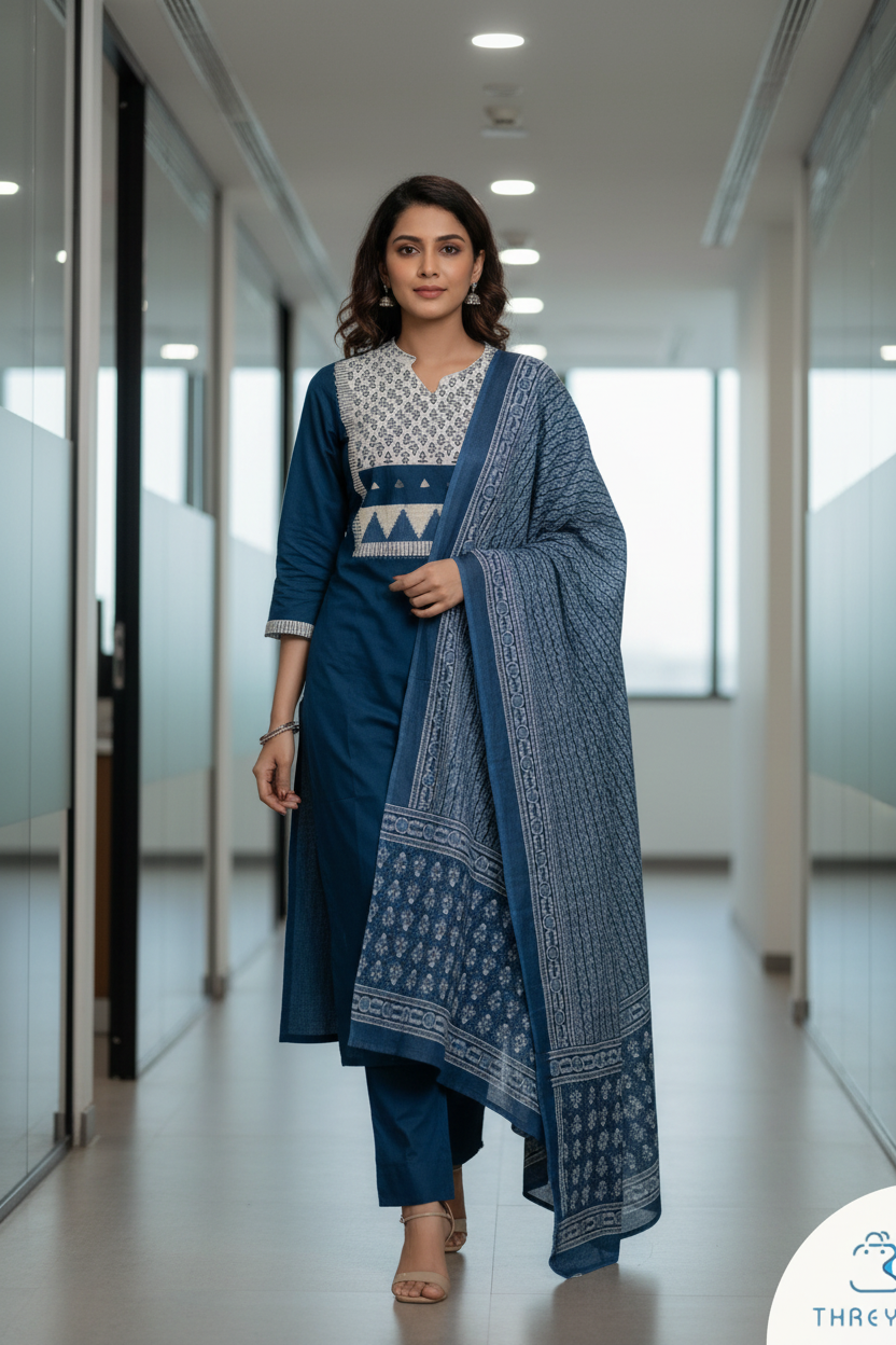 Dark Blue Cotton Kurtis Set for Women with Dupatta