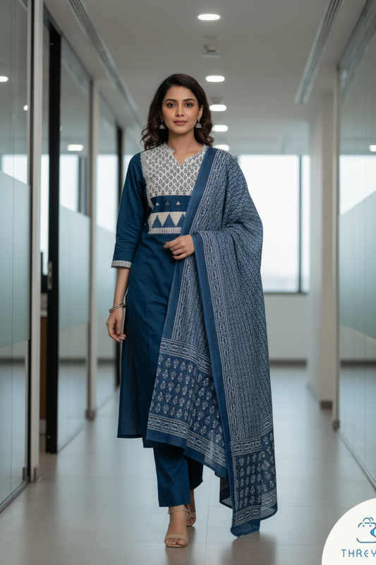 Dark Blue Cotton Kurtis Set for Women with Dupatta