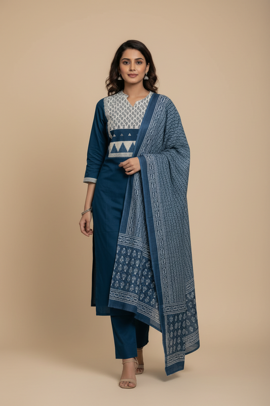 Dark Blue Cotton Kurtis Set for Women with Dupatta