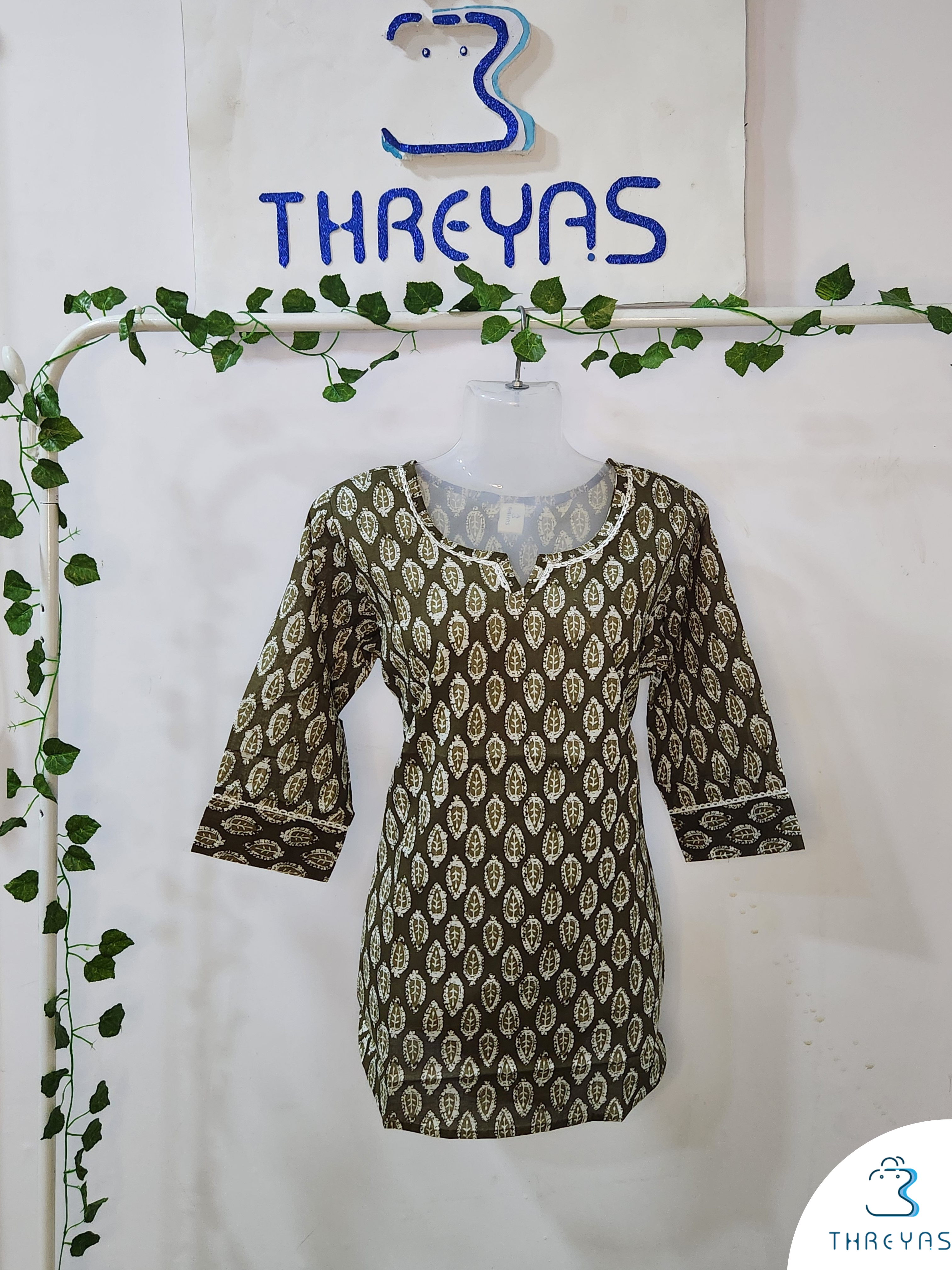 Green Cotton Short Kurti for women | Stylish Kurthis & Kurtis Sets for Women | Threyas