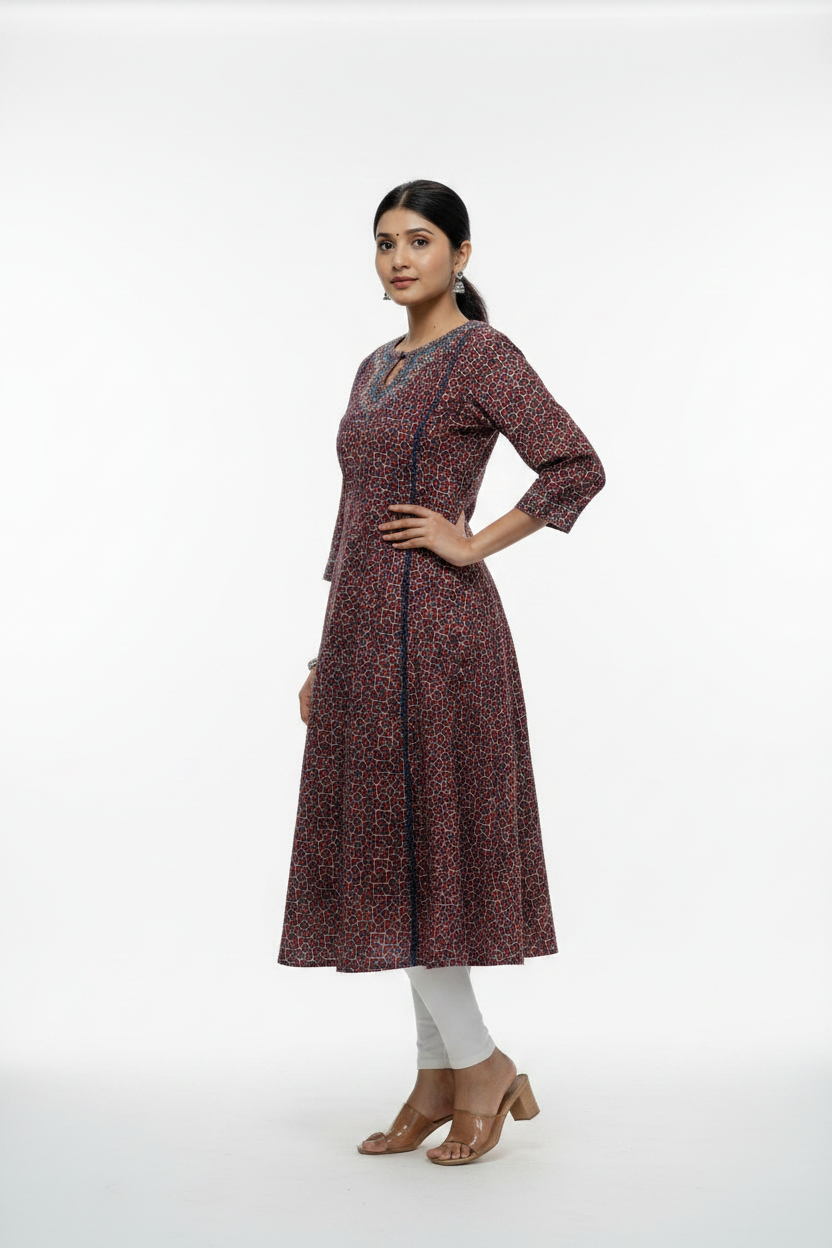 Maroon and Blue Ajarakh A-Line kurti