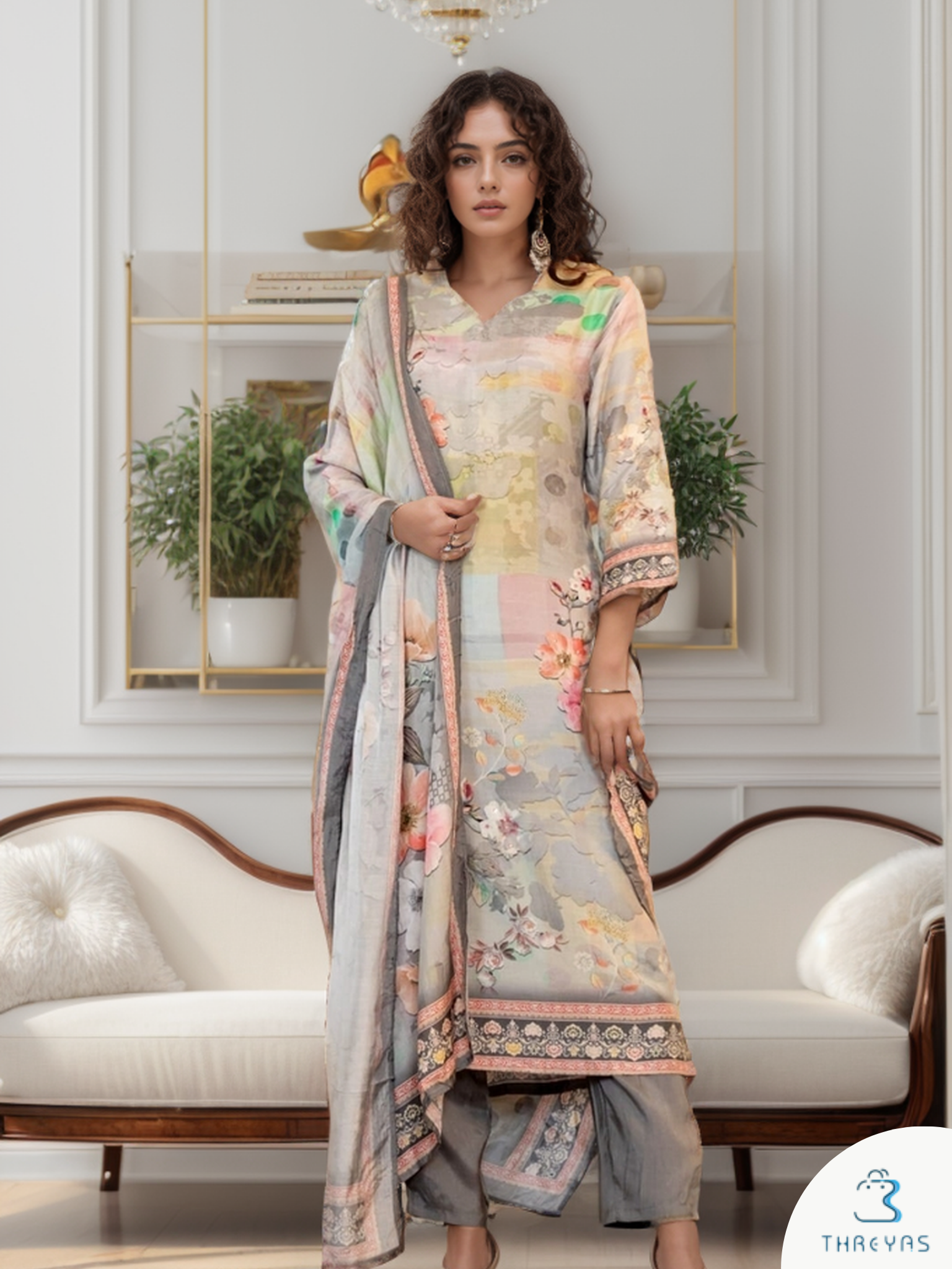 Grey Muslin Digital Printed Kurtis Set for Women with Dupatta