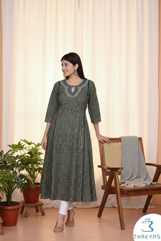Grey Ajarakh A-Line kurti