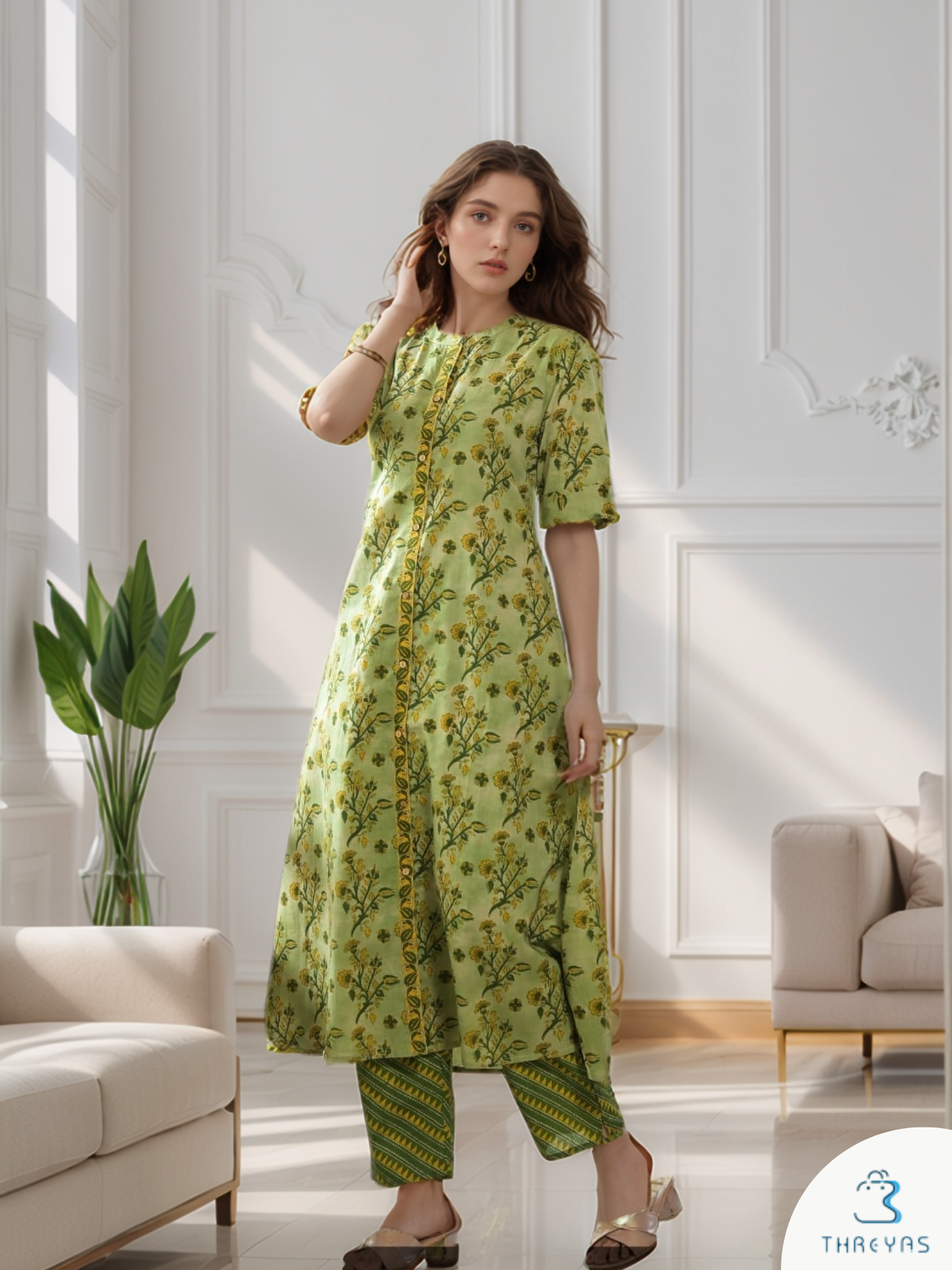 Green Cotton Kurti Set for Women