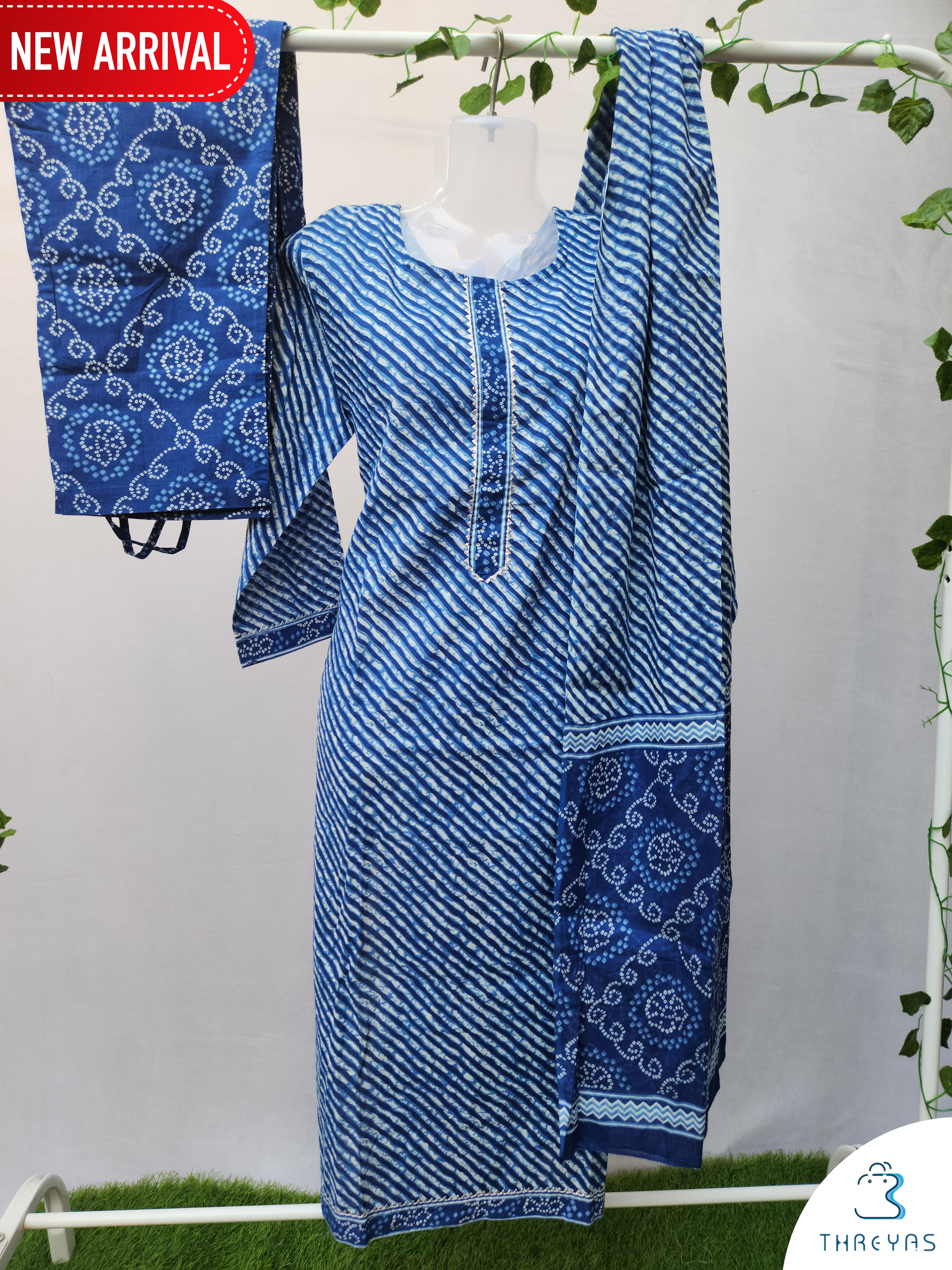Blue Cotton Kurtha Set for women with dupatta