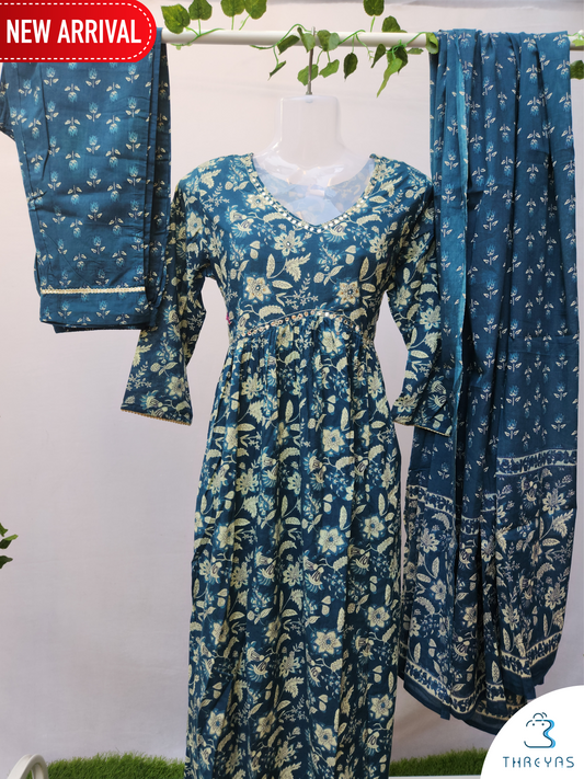 Blue Cotton Kurtha Set for women |Stylish Kurthis & Kurtis Sets for Women | Threyas