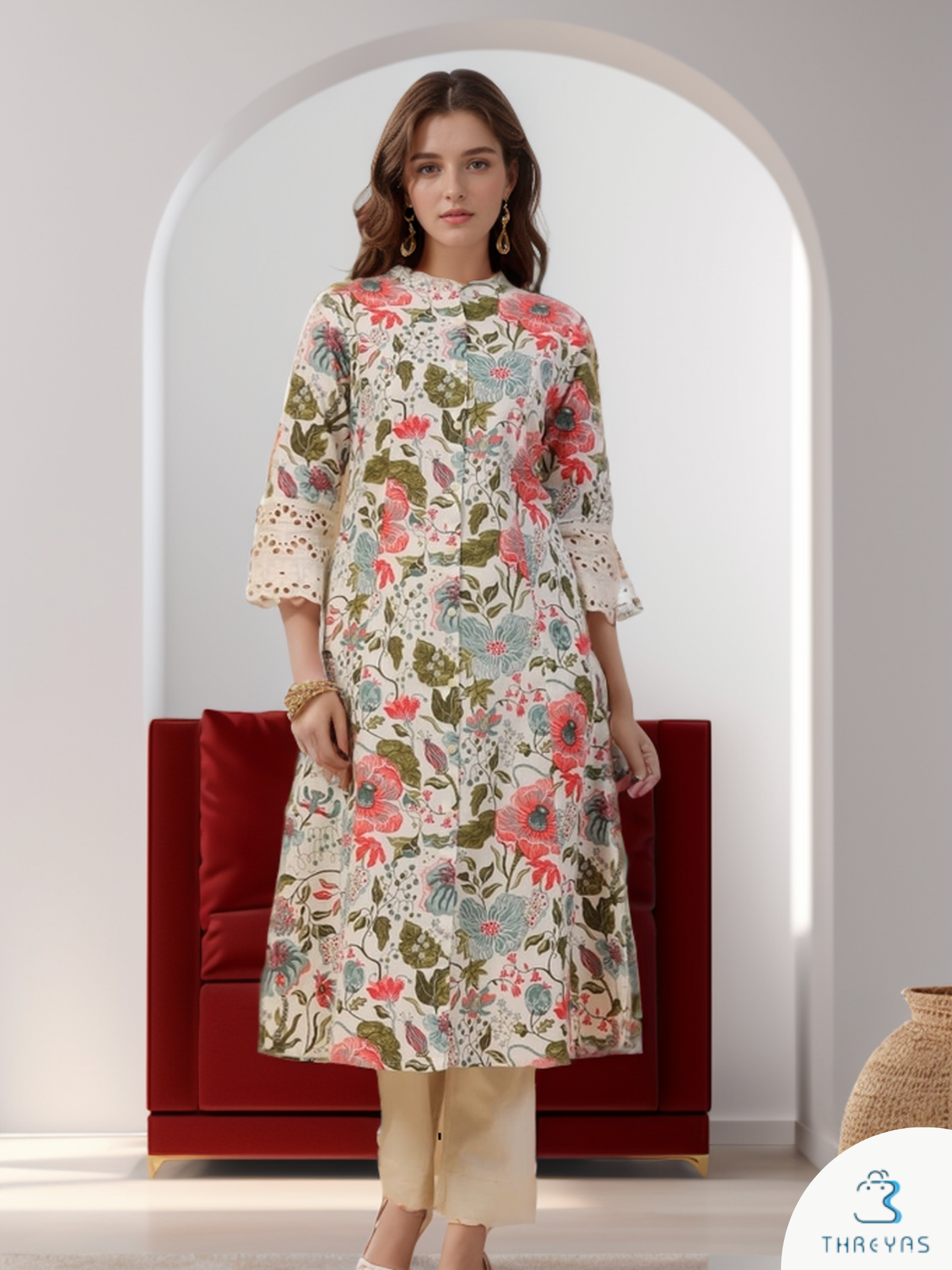 White and Green Floral Printed Cotton Kurtis Set for Women