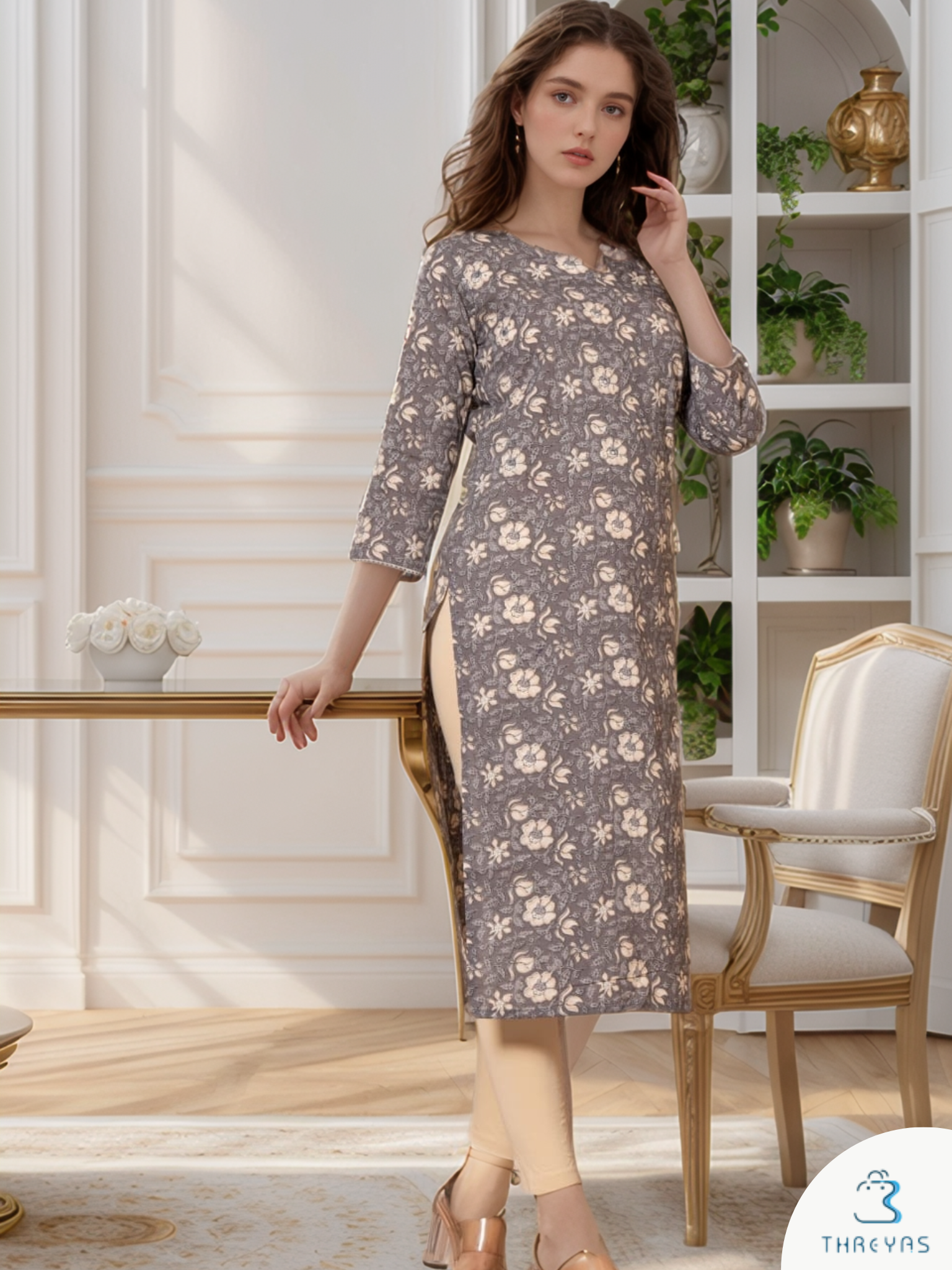 Grey Printed Long Kurti for Women