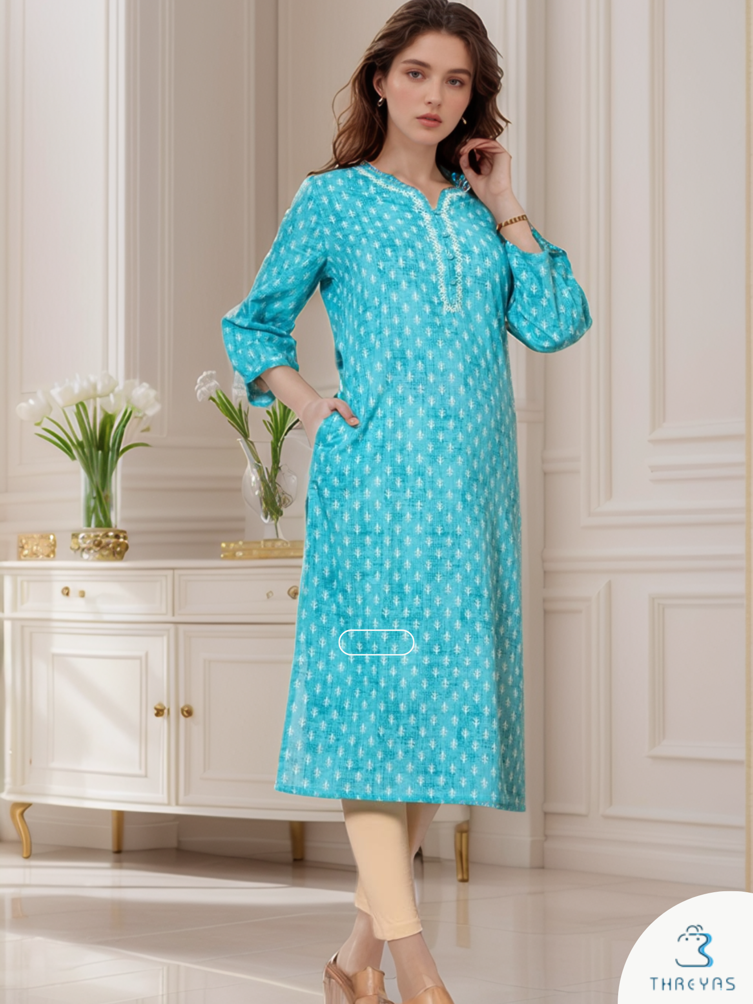 Sky Blue Printed Long Kurti for Women