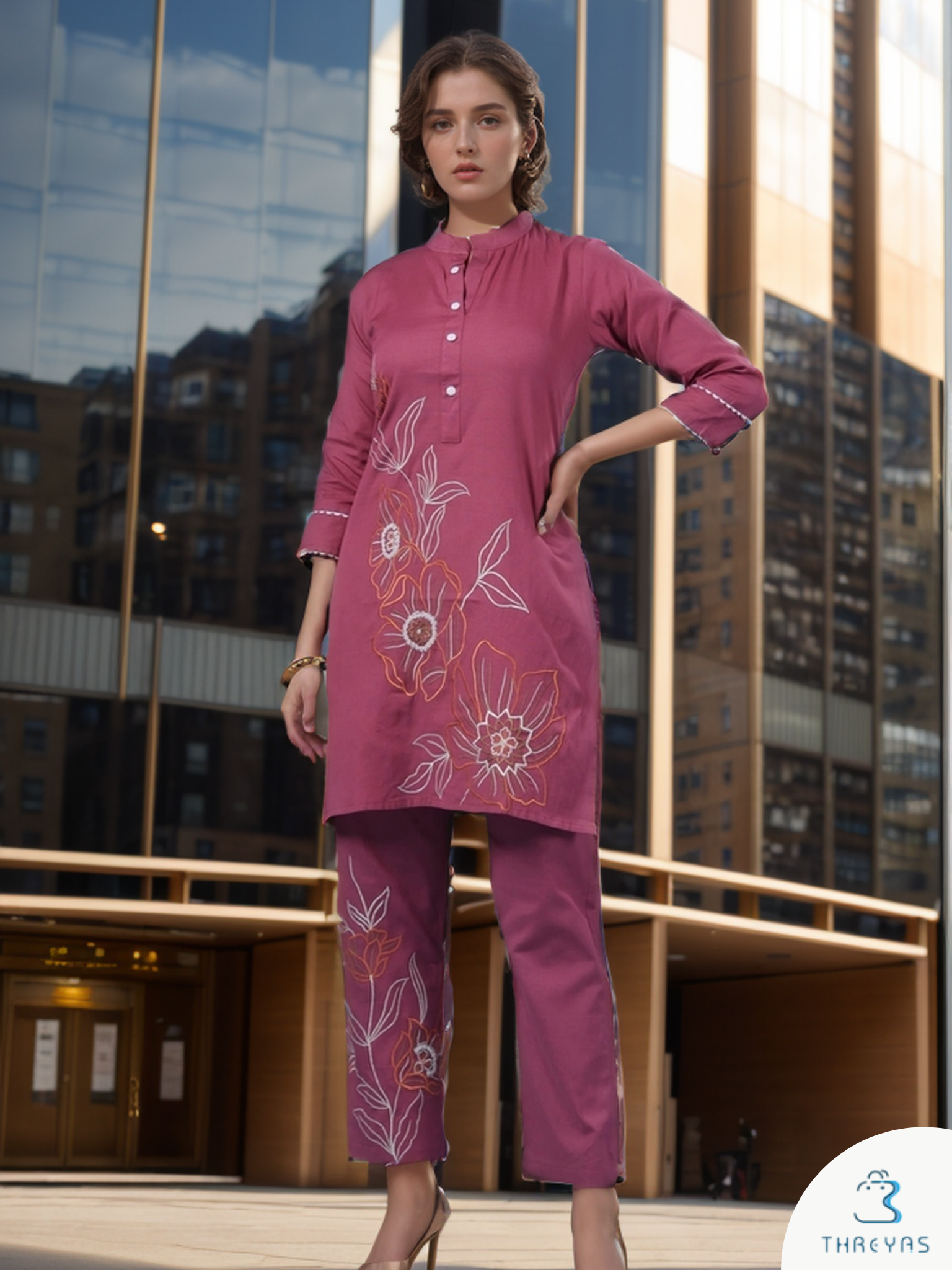 Pink Embroidery Co-Ord Kurti Set for Women