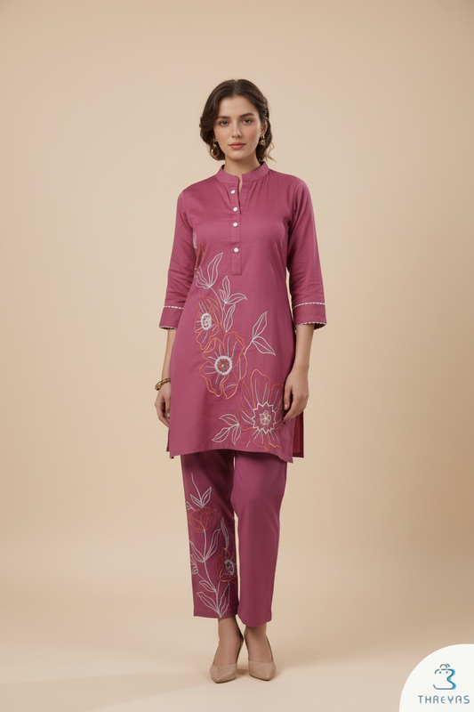 Pink Embroidery Co-Ord Kurti Set for Women