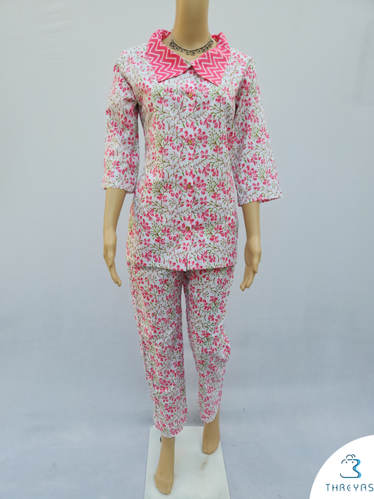 Light Pink Cotton Hand Block  Printed Co-Ord Set for women |  Stylish Kurthis & Kurtis Sets for Women | Threyas