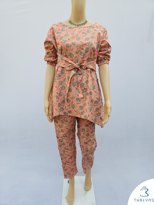 Pink Pure Cotton Hand Block Printed Co-Ord Kurthis Set with Front tie-ups for women | Stylish Kurthis & Kurtis Sets for Women | Threyas