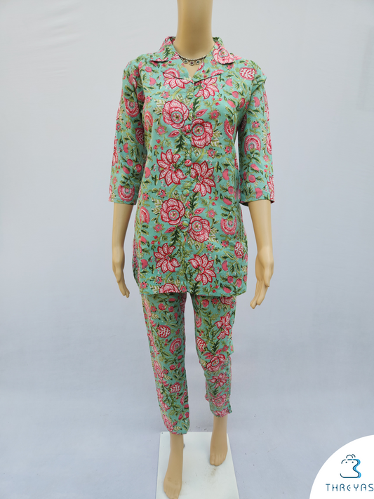 Light Green Pure Cotton Hand Block Printed  Co-Ord Kurthis Set for women | Stylish Kurthis & Kurtis Sets for Women | Threyas