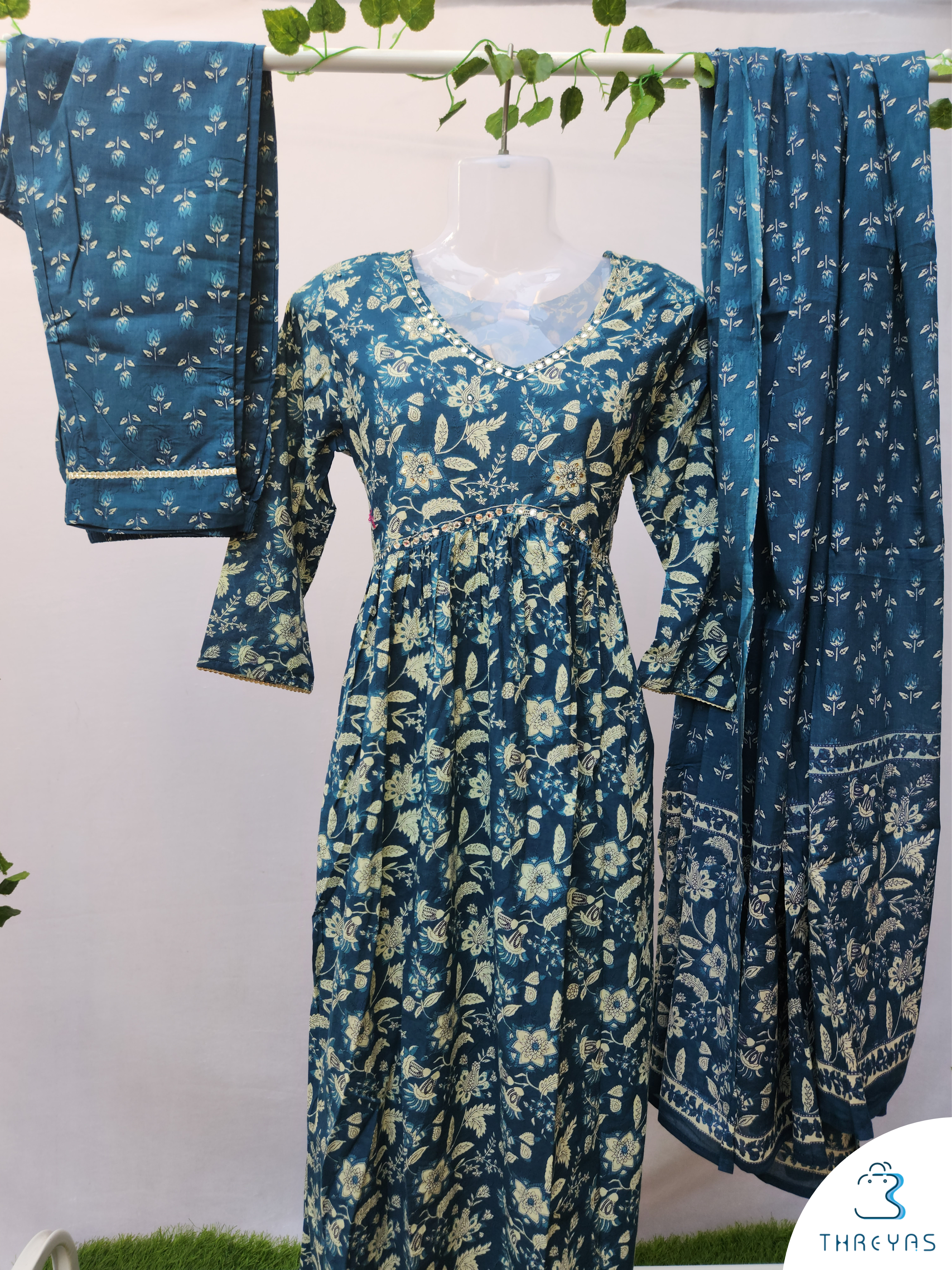 Blue Cotton Kurtha Set for women |Stylish Kurthis & Kurtis Sets for Women | Threyas