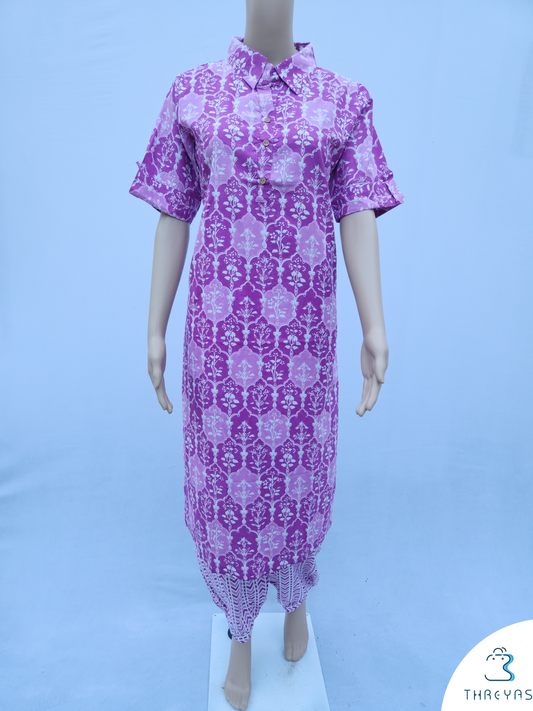 Purple Pure Cotton Kurthis set with Straight Pant for women | Stylish Kurthis & Kurtis Sets for Women | Threyas