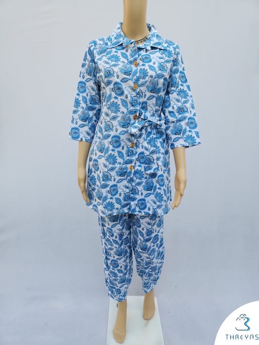Sky Blue Hand Block Printed  Co-Ord Kurthis Set with side tie-ups for women | Stylish Kurthis & Kurtis Sets for Women | Threyas