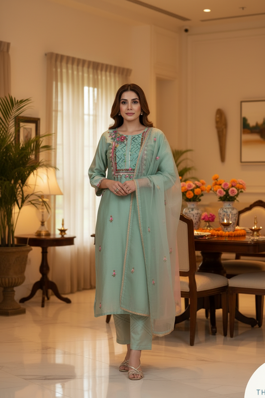 Sea Green Chanderi Kurtis Set for Women with Chanderi Dupatta