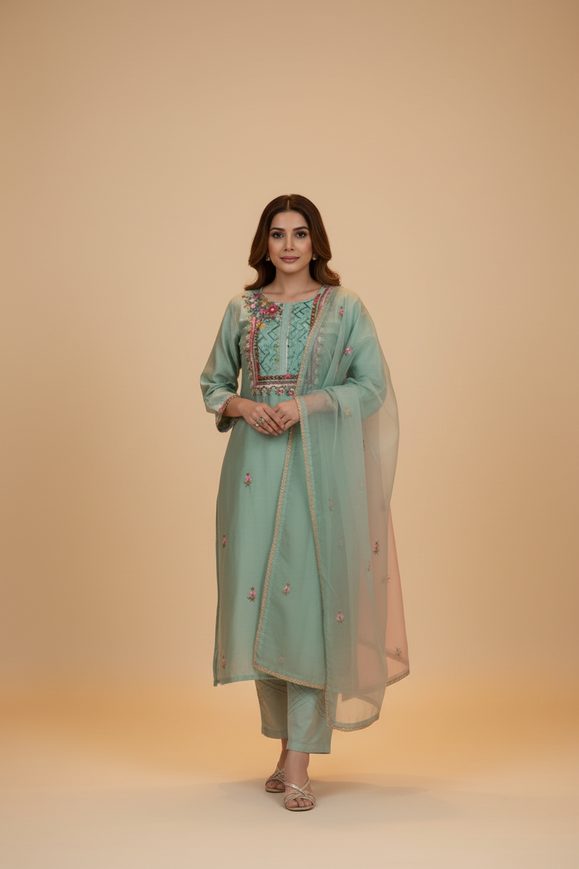 ea Green Cotton Kurtis Set for Women with Chanderi Dupatta