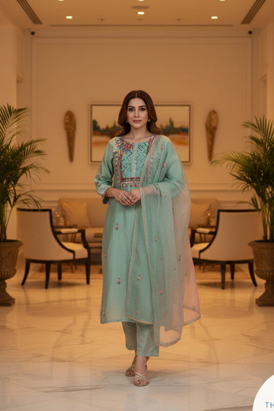 ea Green Cotton Kurtis Set for Women with Chanderi Dupatta