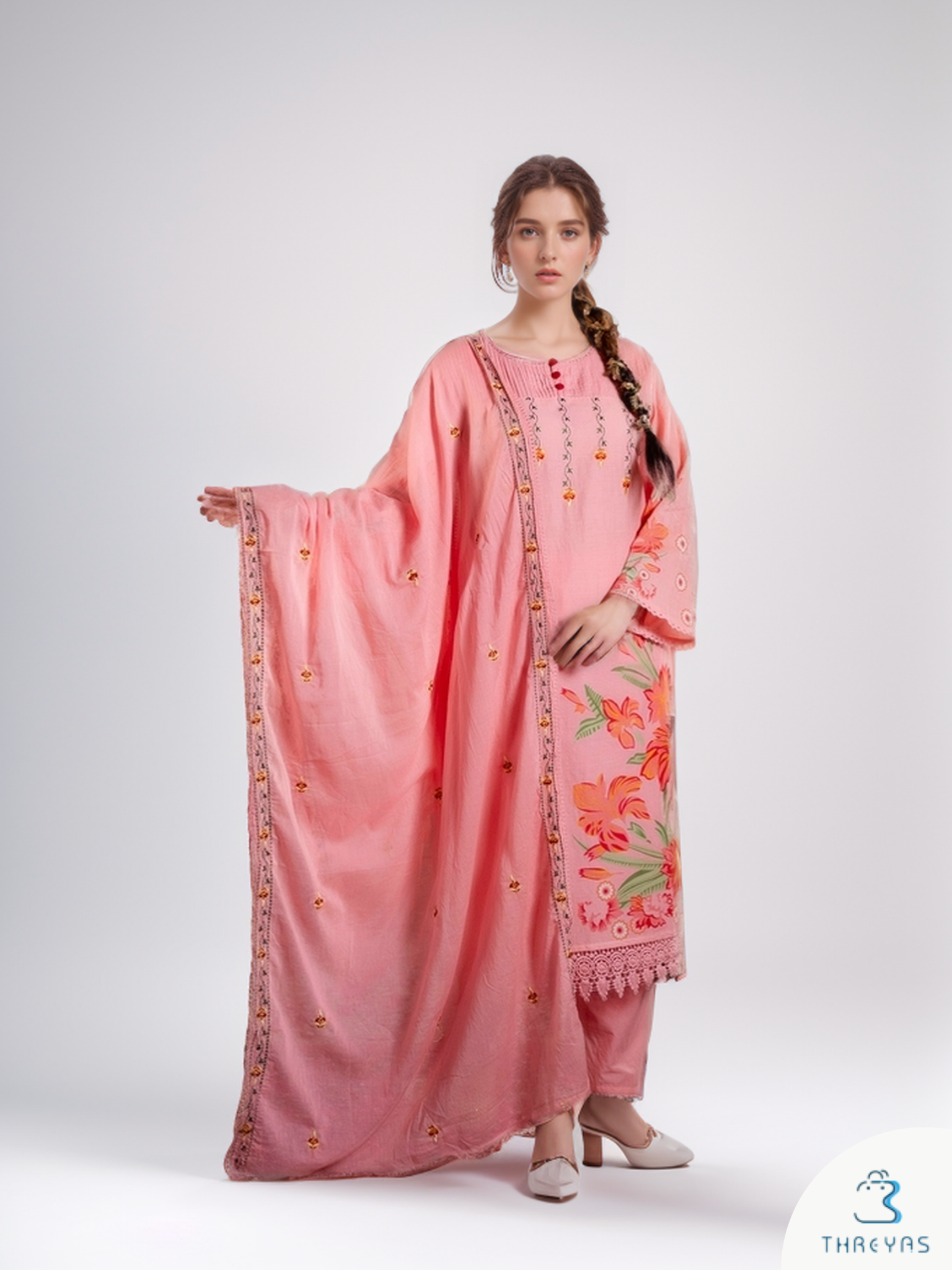 Peach Cotton Kurtis Set for Women with Chanderi Dupatta