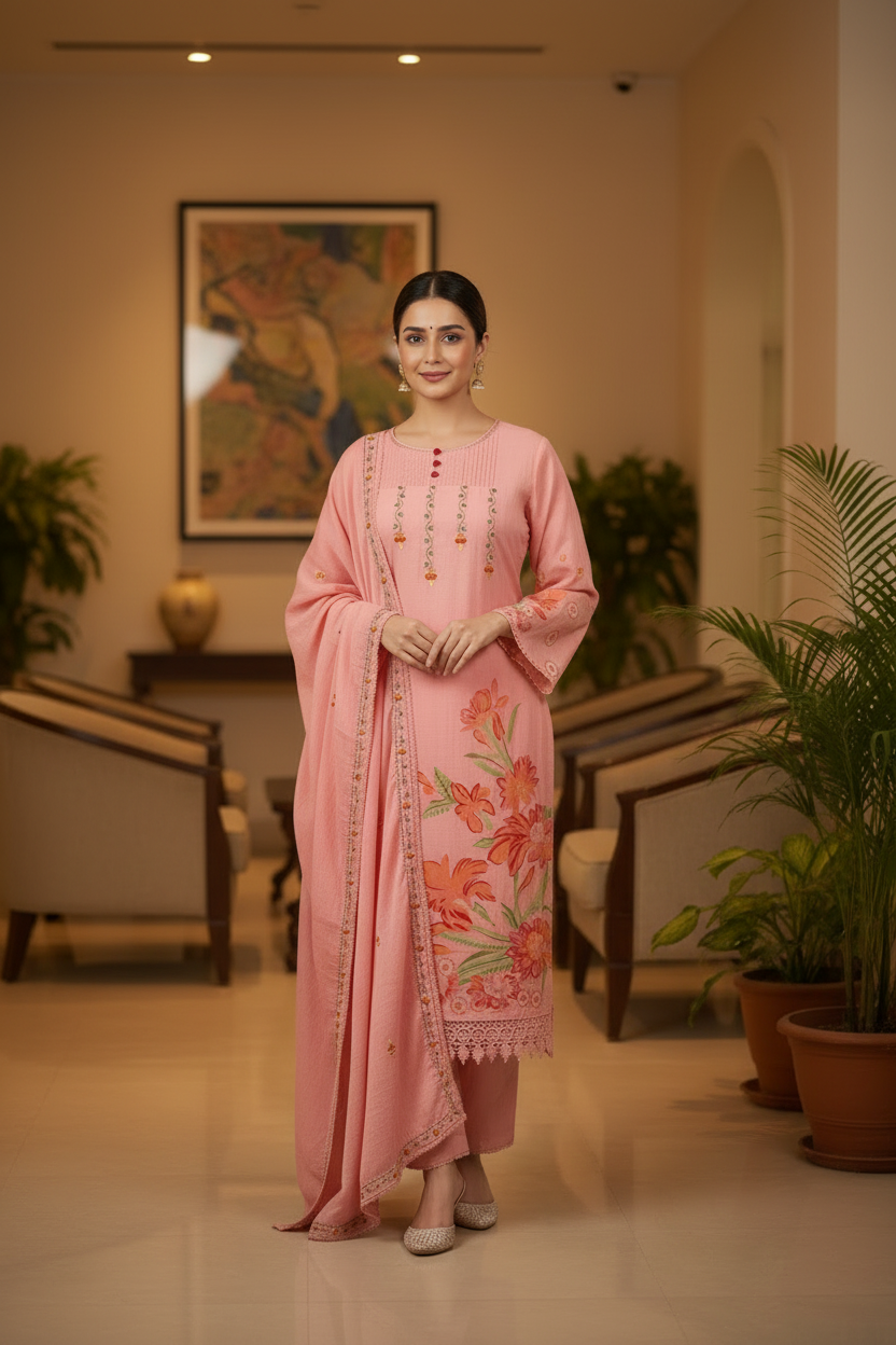 Peach Cotton Kurtis Set for Women with Chanderi Dupatta