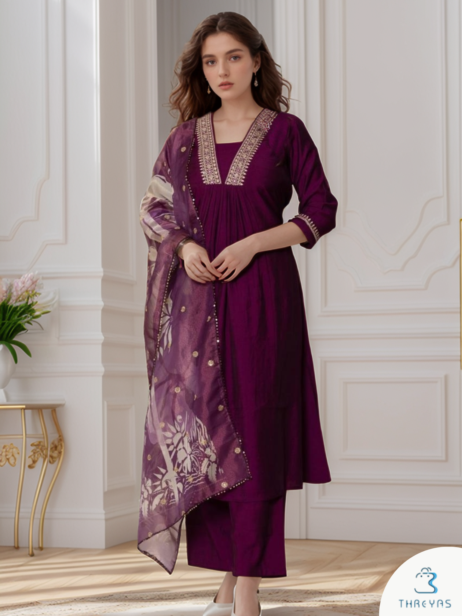 Wine Color Kurti Set for Women with Digital Floral Printed Dupatta