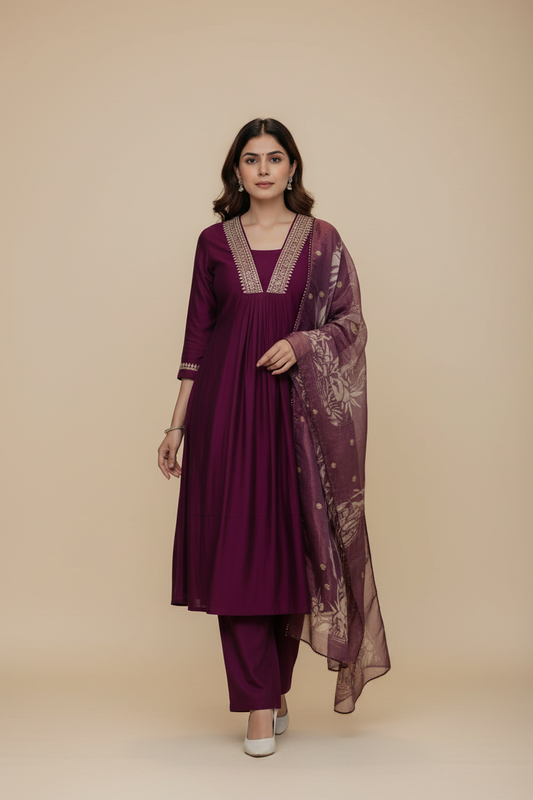 Wine Color Kurti Set for Women with Digital Floral Printed Dupatta