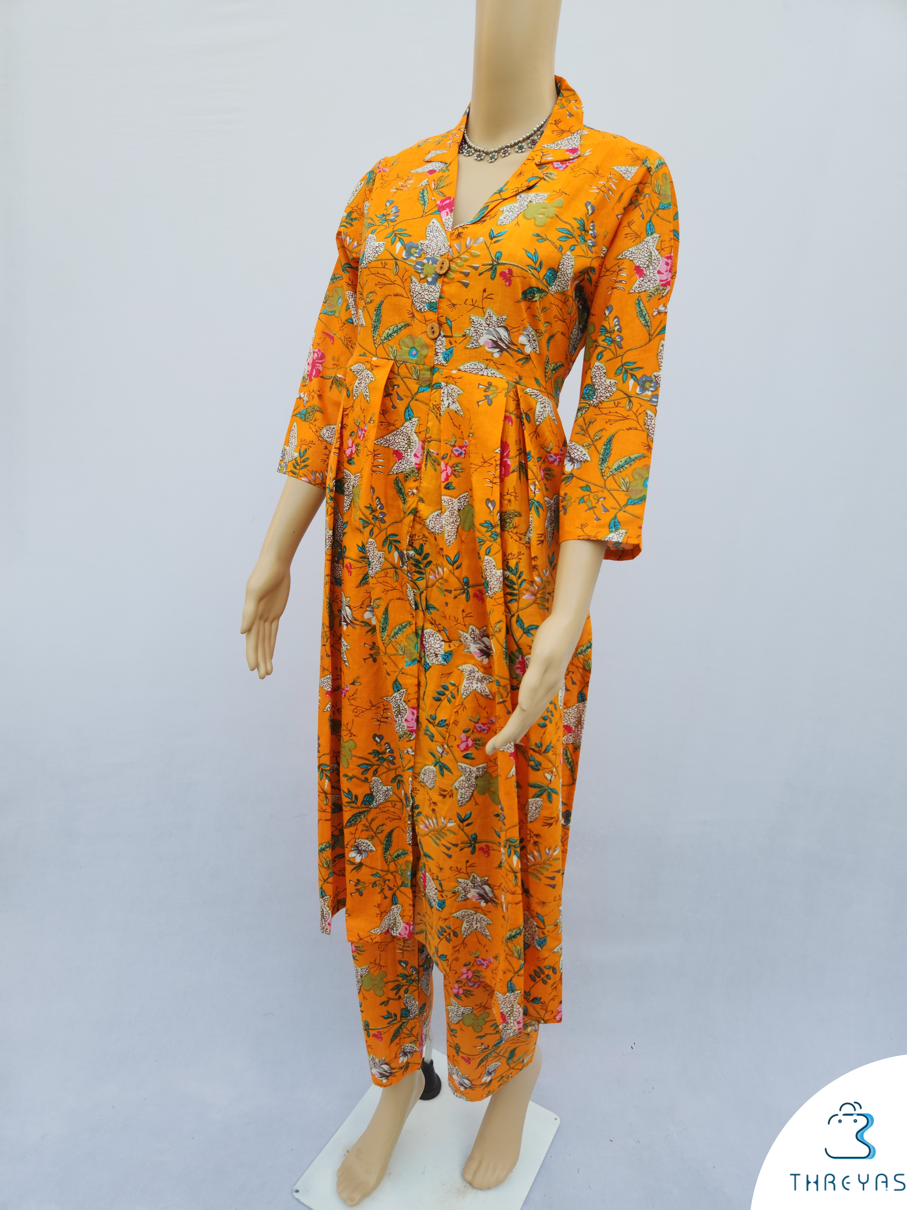 Orange Hand Block Cotton Printed Co-Ord kurthi Set for women | Stylish Kurthis & Kurtis Sets for Women | Threyas