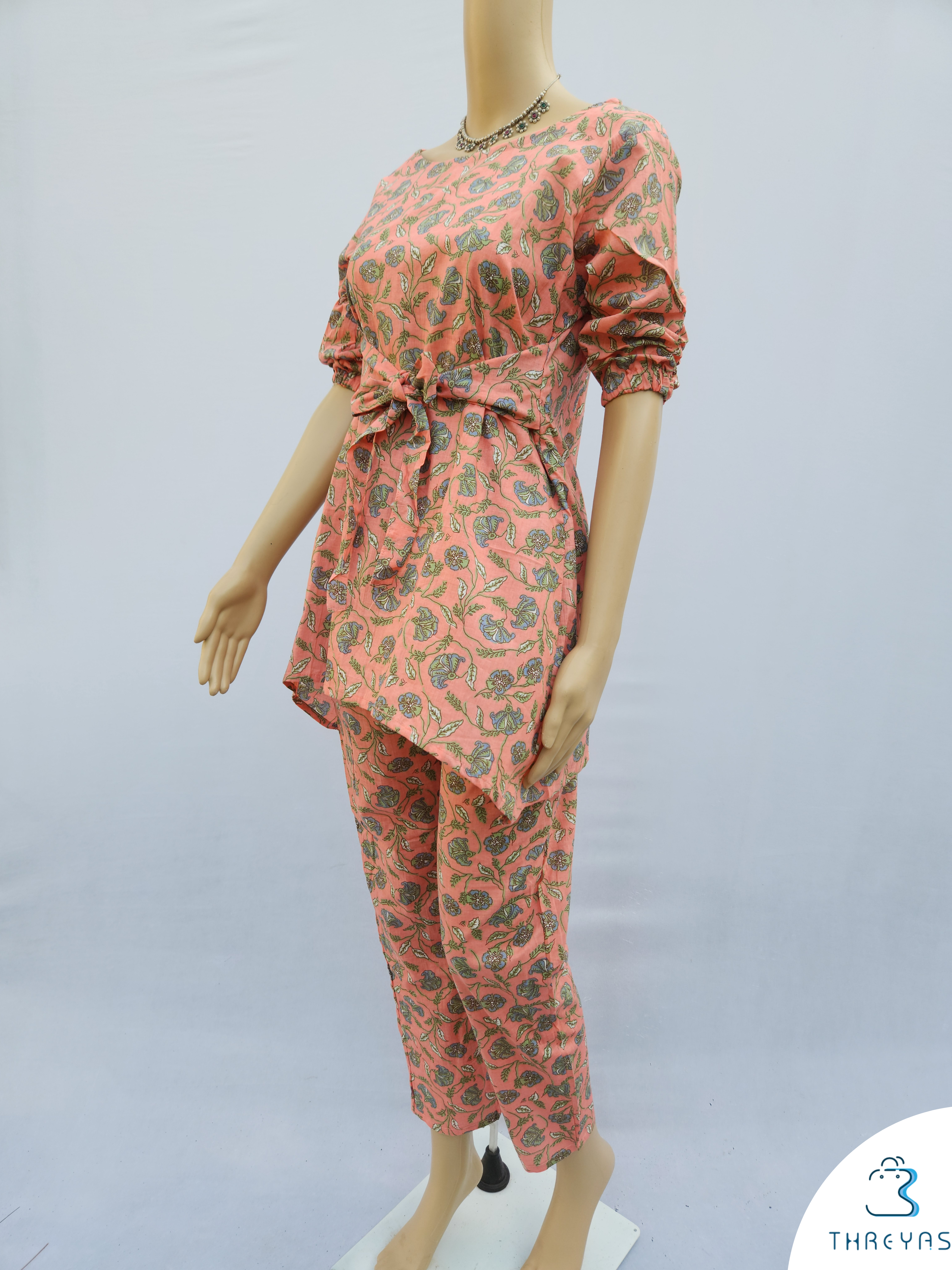Pink Pure Cotton Hand Block Printed Co-Ord Kurthis Set with Front tie-ups for women | Stylish Kurthis & Kurtis Sets for Women | Threyas