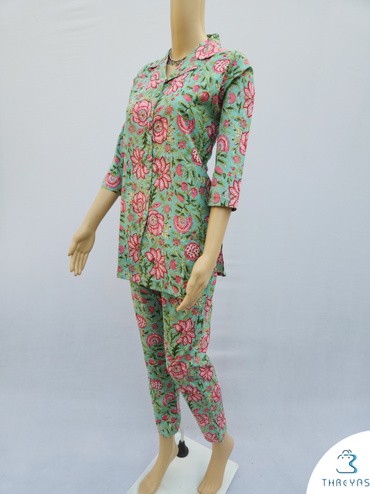 Light Green Pure Cotton Hand Block Printed  Co-Ord Kurthis Set for women | Stylish Kurthis & Kurtis Sets for Women | Threyas