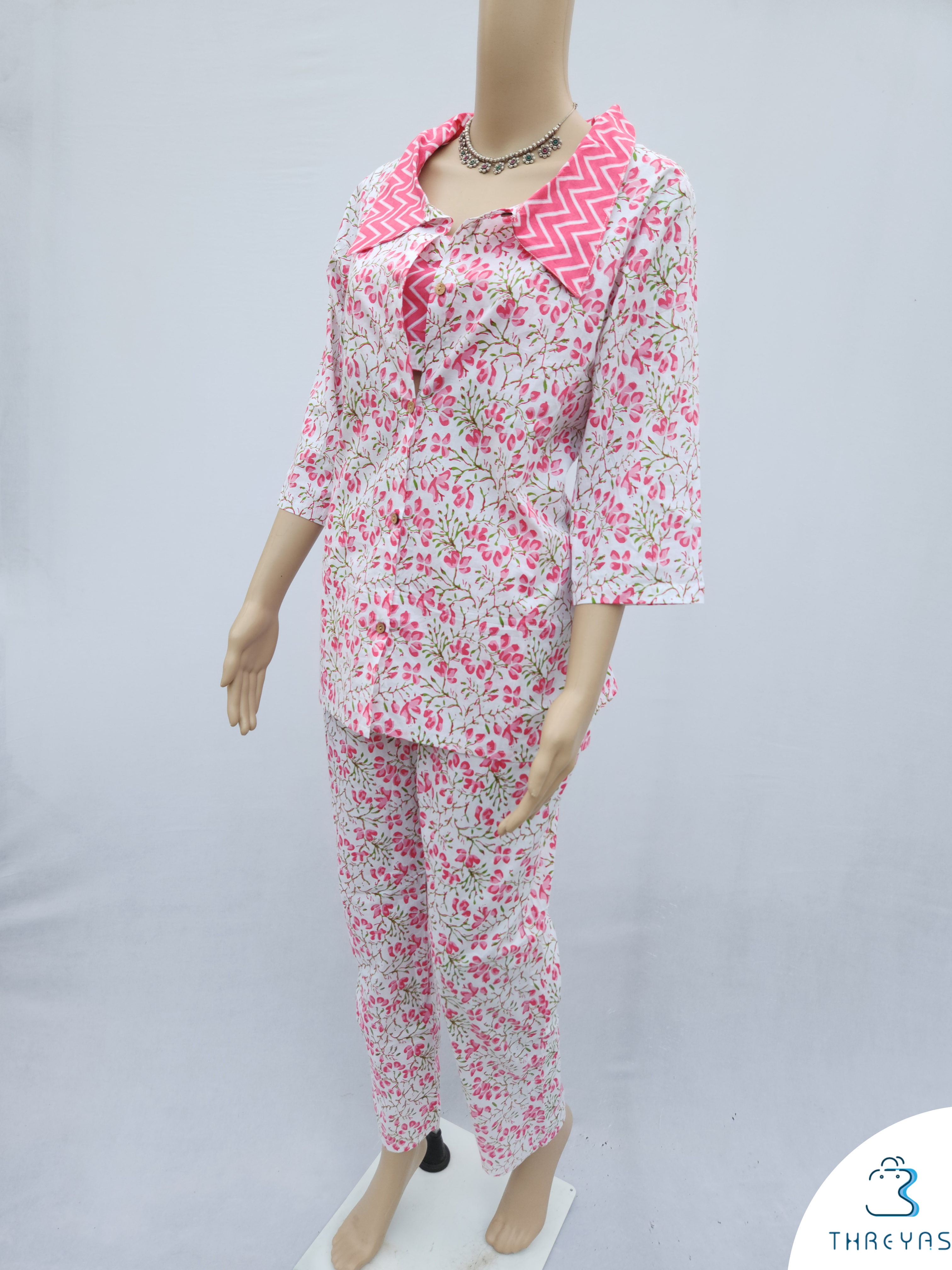 Light Pink Cotton Hand Block Printed Co-Ord Set for women | Stylish Kurthis & Kurtis Sets for Women | Threyas