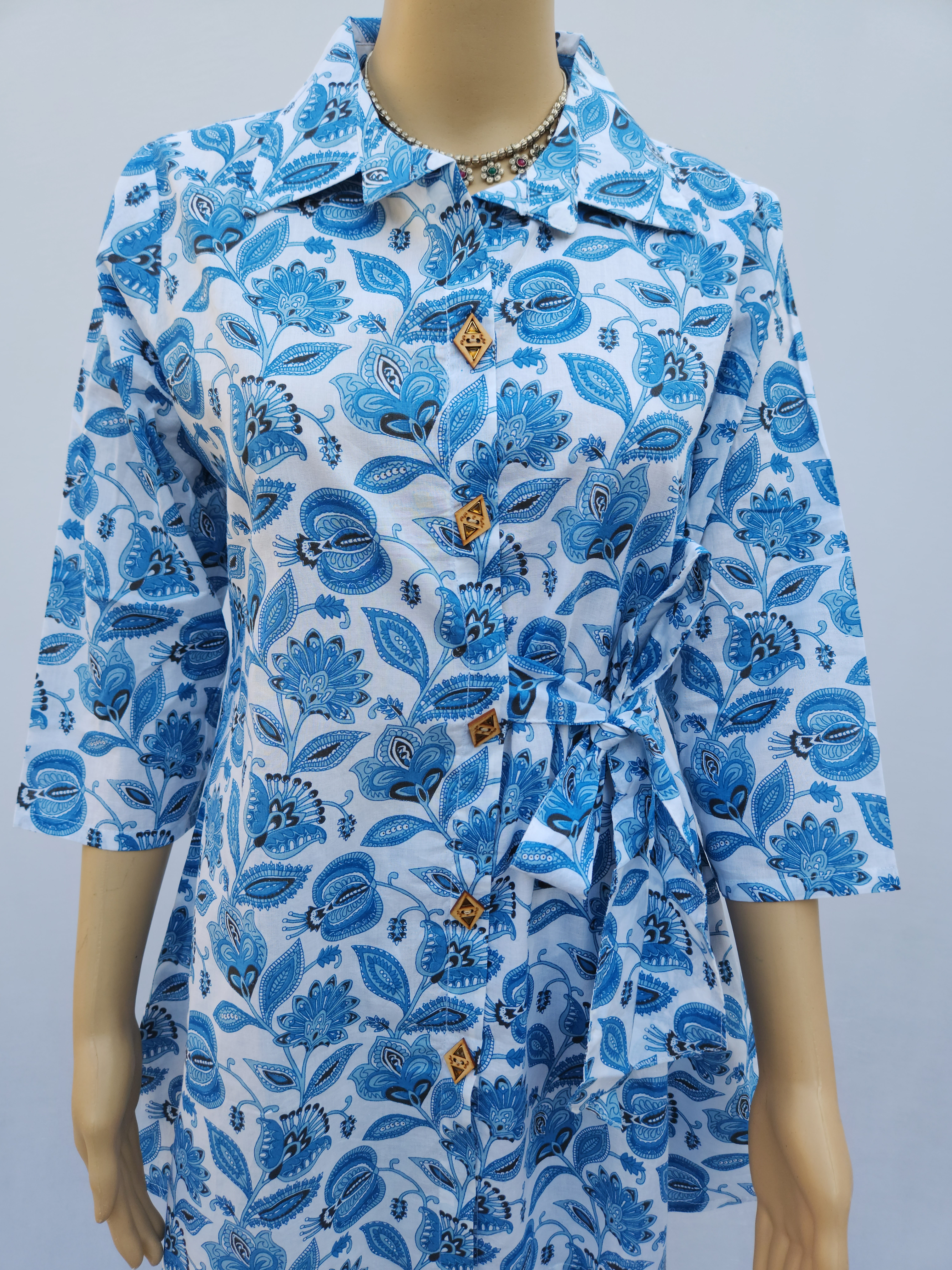 Sky Blue Hand Block Printed Co-Ord Kurthis Set with side tie-ups for women | Stylish Kurthis & Kurtis Sets for Women | Threyas