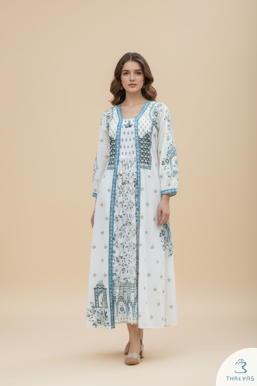 White Designer Cotton Midi Dress with Block Printed Over Coat