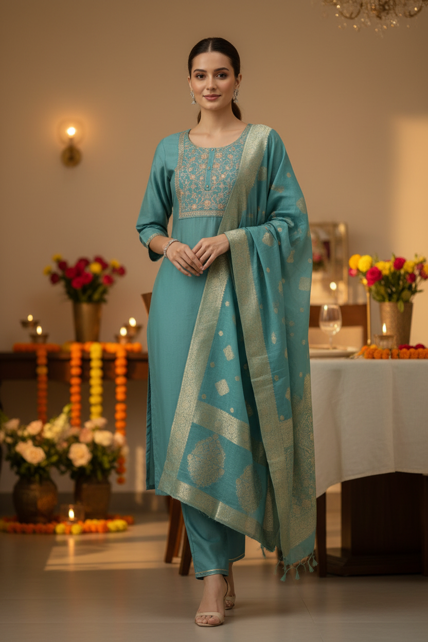 Blue Kurtis Set for Women with Benarasi Dupatta