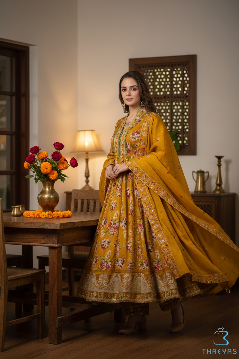 Mustard Cotton Anarkali Kurtis Set for Women with Dupatta