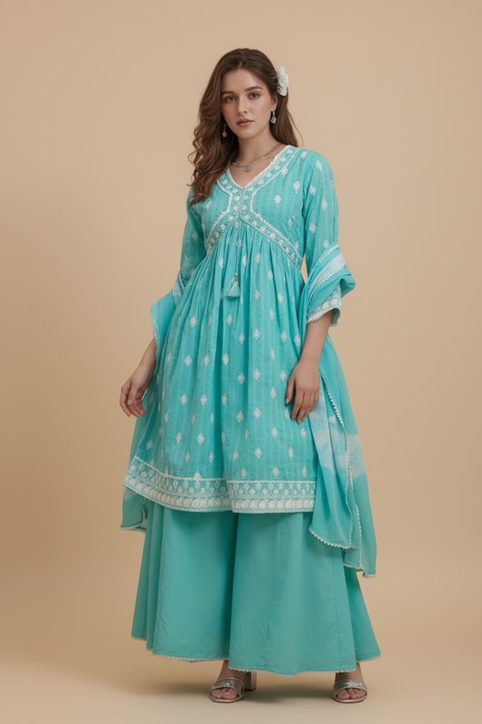 Sky Blue Alia Cut Kurtis Set for Women with Thread Work