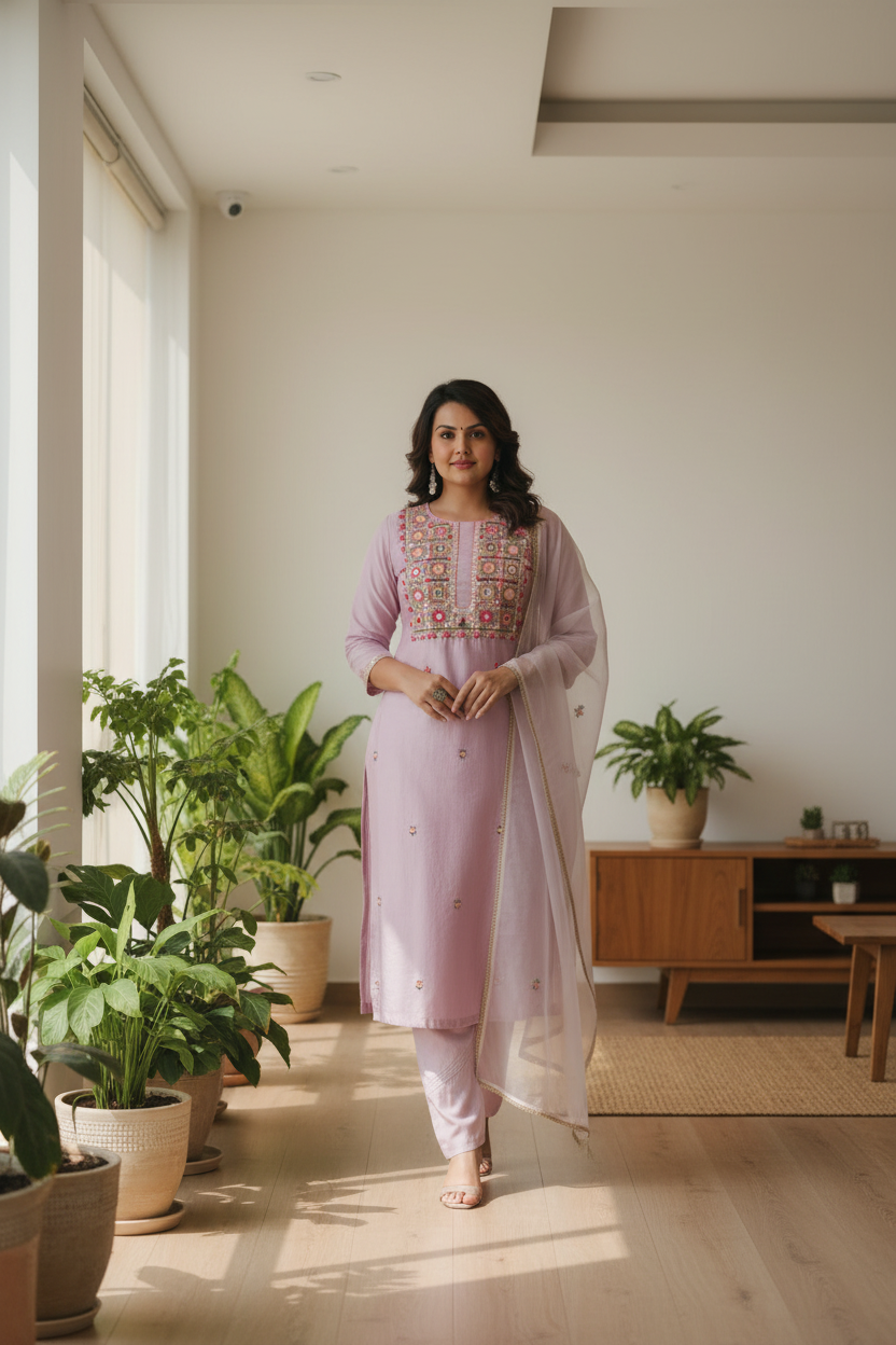 Purple Embroidery Kurtis Set for Women with Dupatta