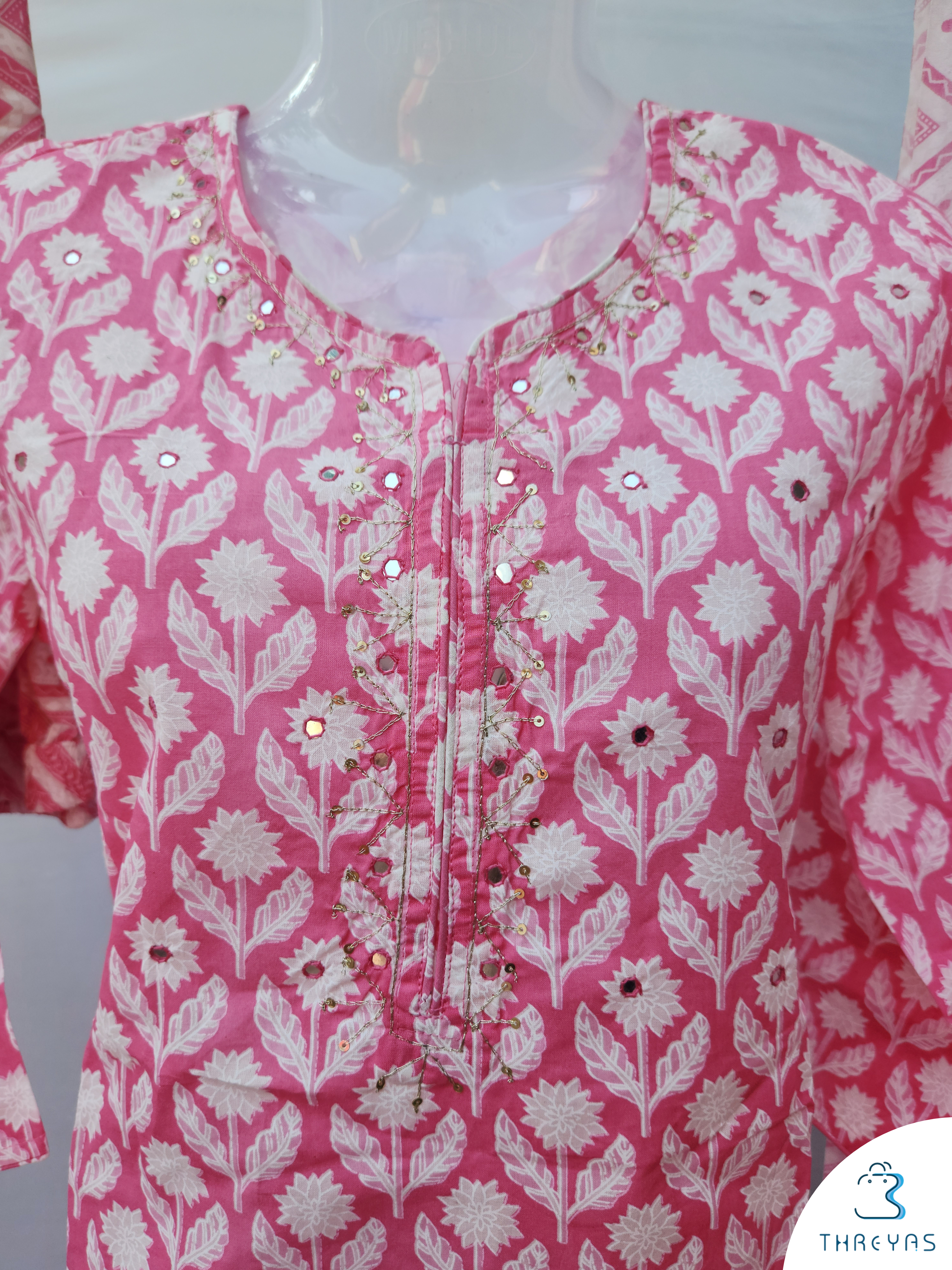 White and Pink Cotton Kurthis Set for women | Stylish Kurthis & Kurtis Sets for Women | Threyas