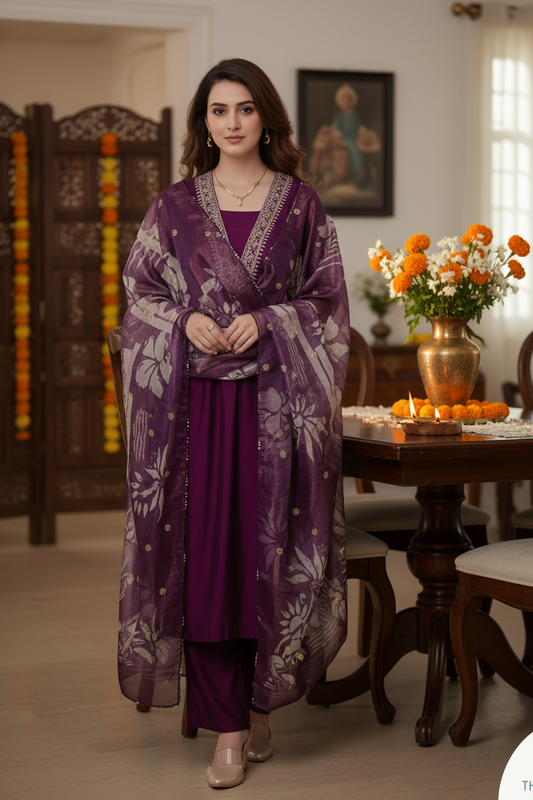 Wine Color Kurti Set for Women with Digital Floral Printed Dupatta