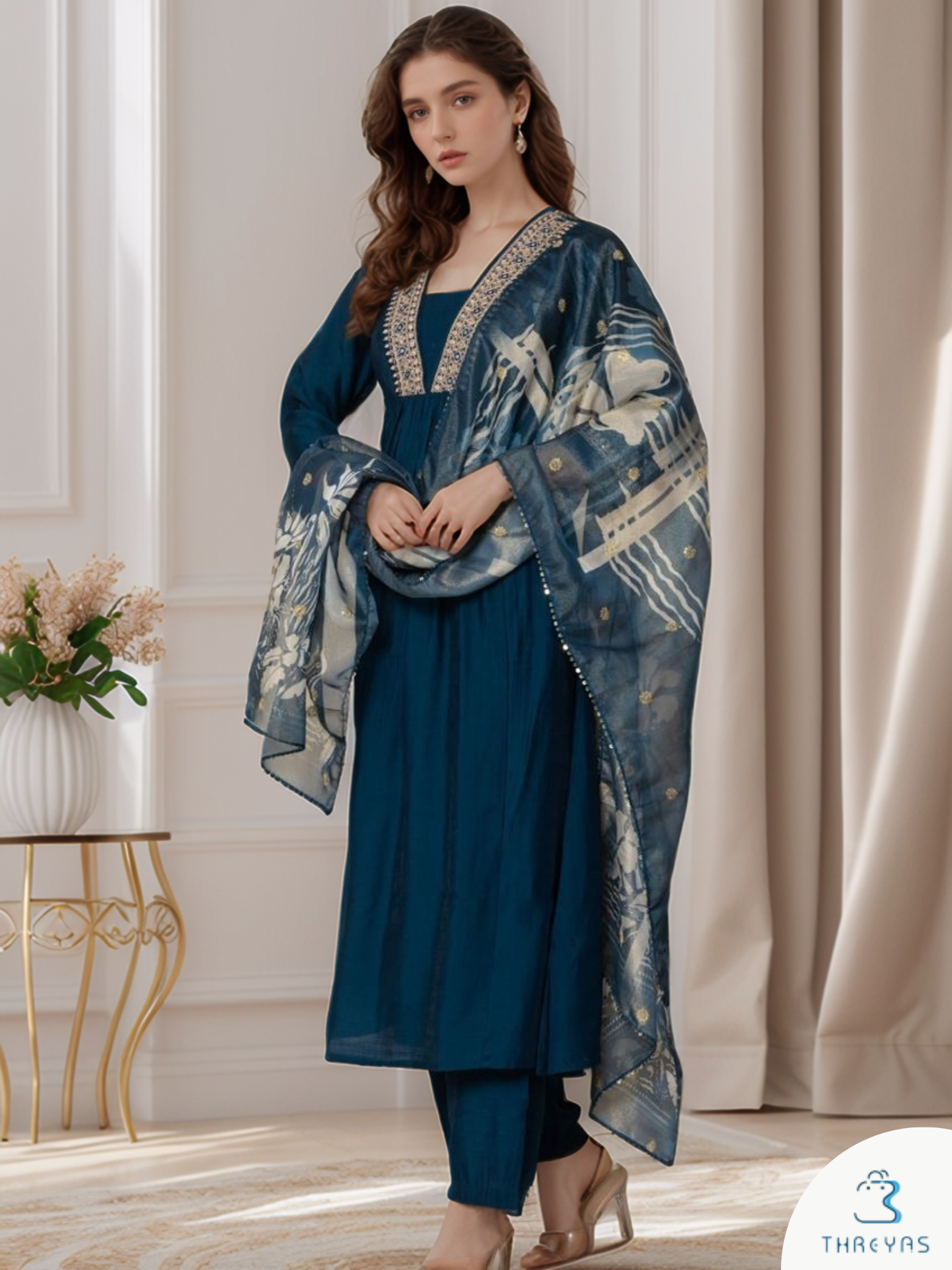 Blue Kurti Set for Women with Digital Floral Printed Dupatta