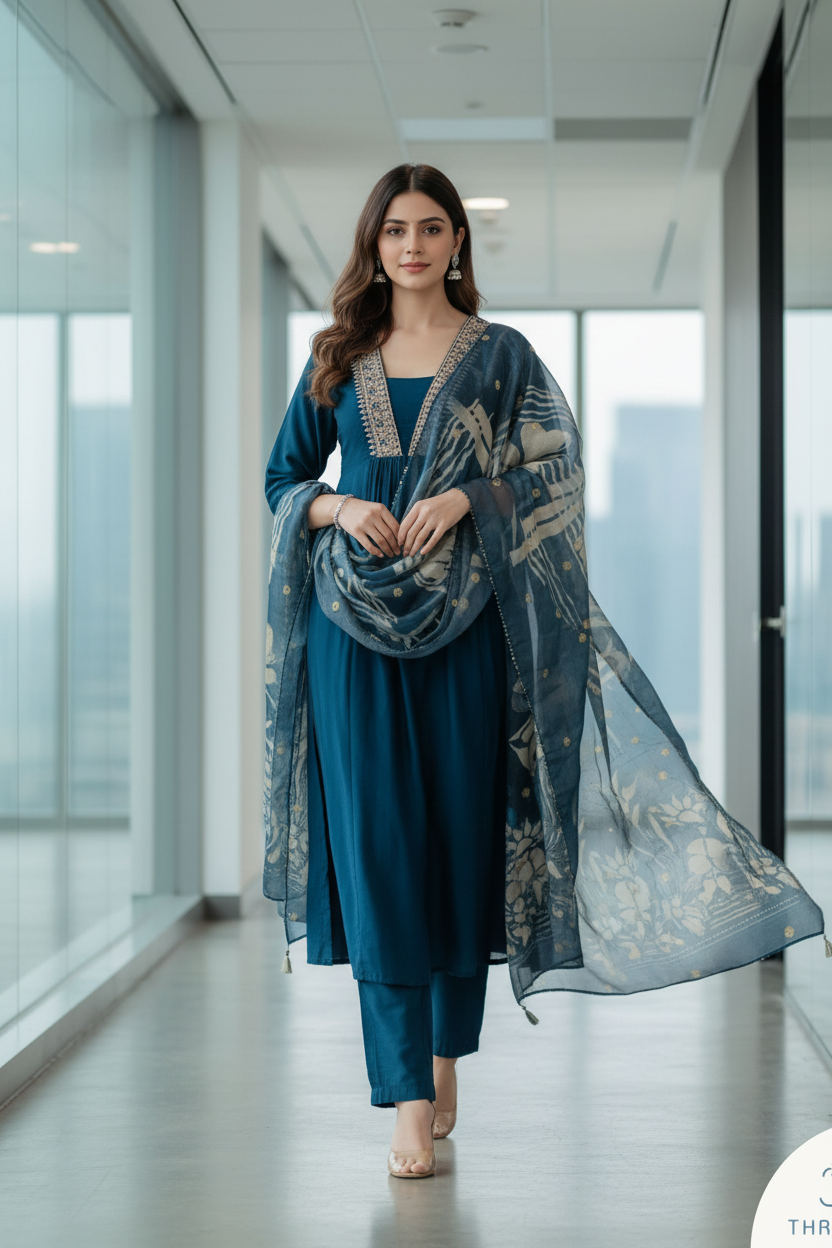 Blue Kurti Set for Women with Digital Floral Printed Dupatta