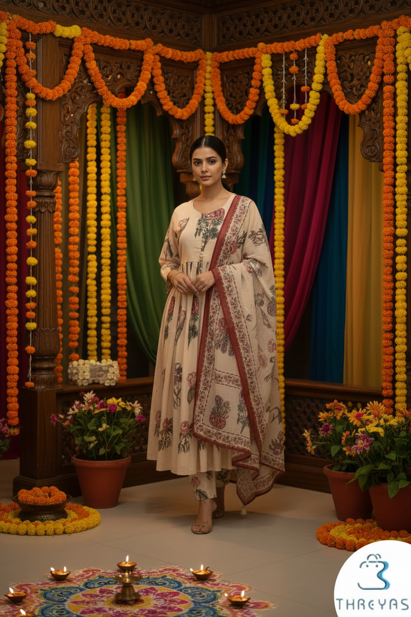 Peach Mul Cotton Kurti Set for Women with Dupatta