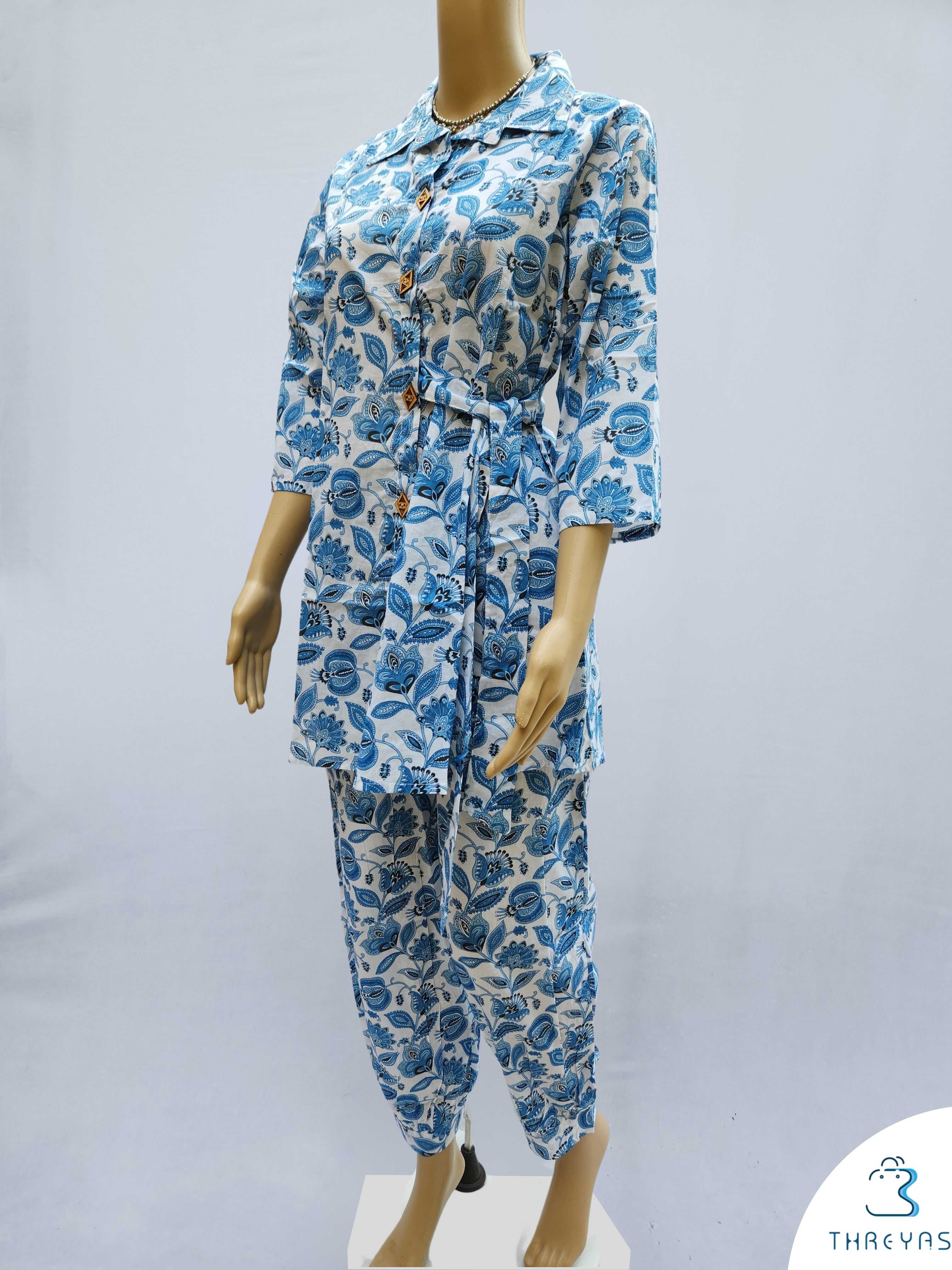 Sky Blue Hand Block Printed Co-Ord Kurthis Set with side tie-ups for women | Stylish Kurthis & Kurtis Sets for Women | Threyas