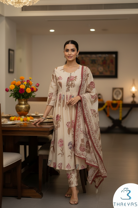 Peach Color Kurti Set for Women with Dupatta