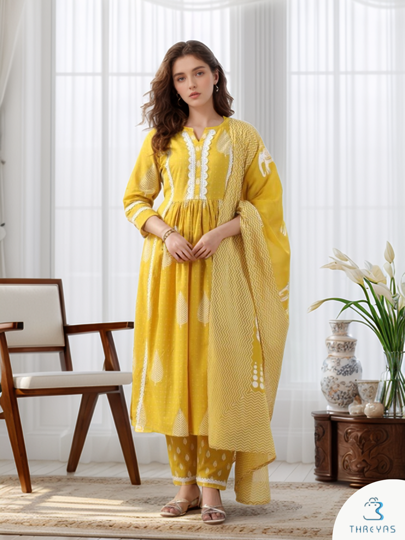 Yellow Kurti Set for Women with Printed Dupatta and Matching Bag