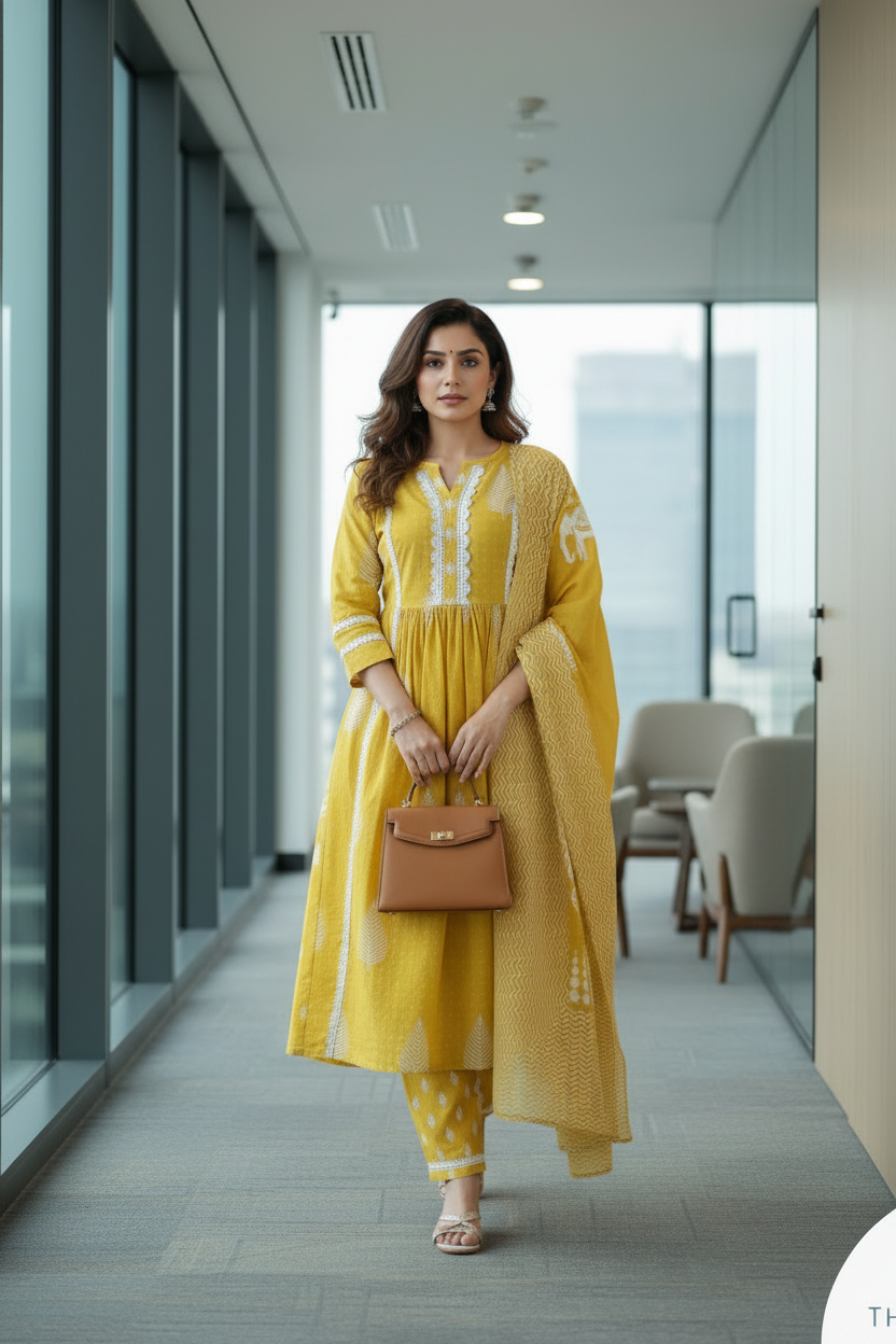 Yellow Kurti Set for Women with Printed Dupatta and Matching Bag