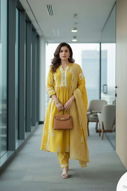 Yellow Kurti Set for Women with Printed Dupatta and Matching Bag